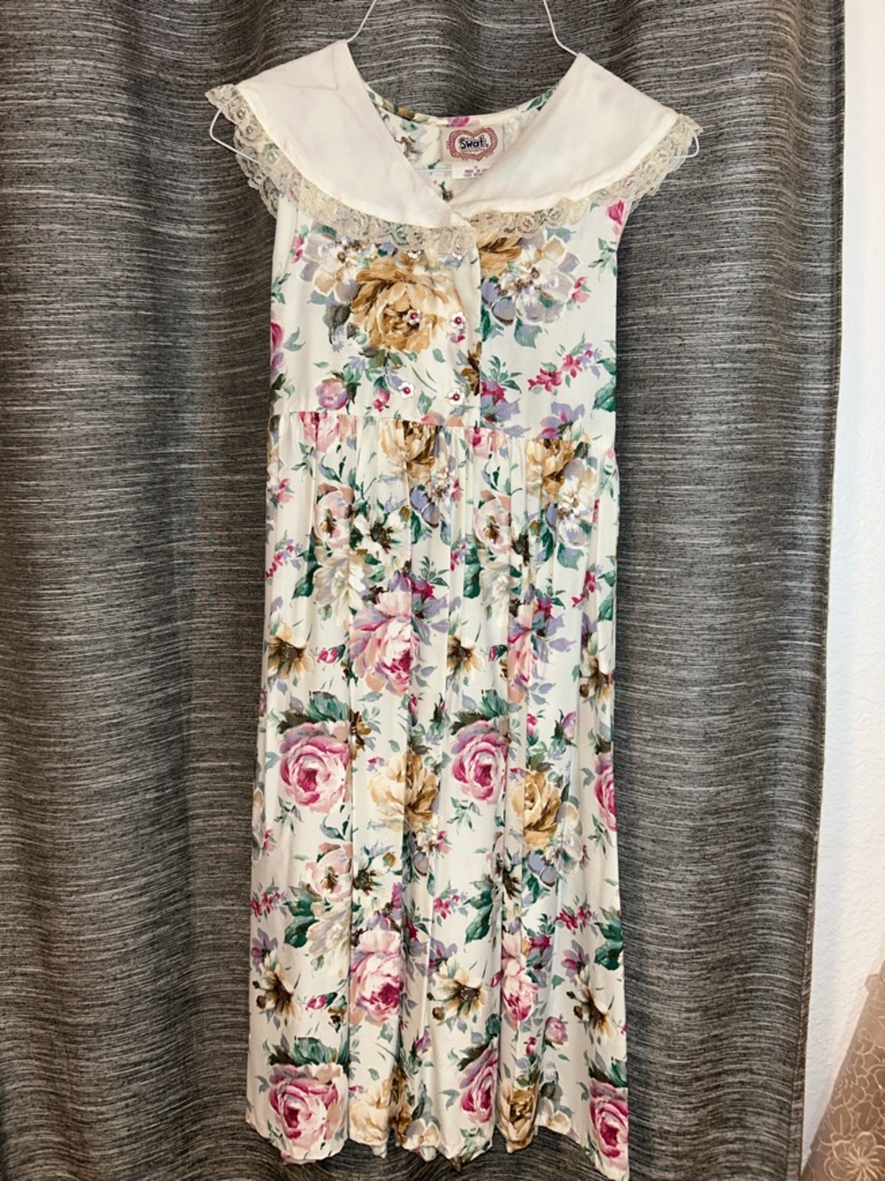 SWAT Floral Collared Midi Dress in Cream with Pink & Green Accents Girls 10